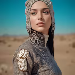 a young woman wearing a knitted hat in the desert