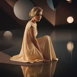a woman wearing a tan dress sits in front of some circles