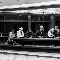 six people sitting outside on a bench with cups