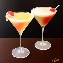 two drinks, one yellow and the other red