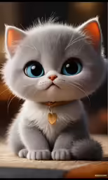 a cute little gray kitten with blue eyes looking at the camera