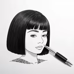 black and white drawing of a girl with black hair holding a pen to her face