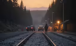 two people walking on the tracks between two cars