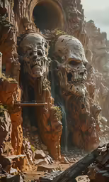 two large skulls on the rocks near some waterfall