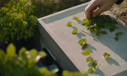 someone reaching down to grab leaves off the cement surface
