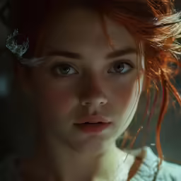a red headed woman stares into the camera