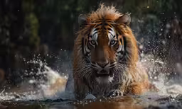 a tiger crossing water with trees in the background
