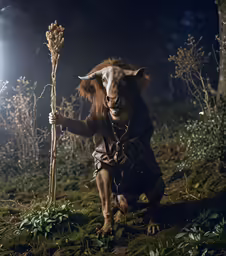a goat in a leather outfit walking on green grass