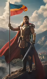 a man in costume holding a sword next to a flag