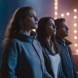three people in front of a movie screen