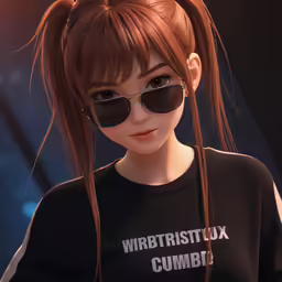 an animated female is wearing black sunglasses and a shirt with words in red