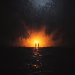 a couple of people walking through a fire