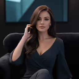a woman is sitting down with long hair and very dark eyes