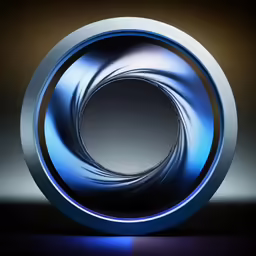 an abstract circular blue piece with the light reflecting off it