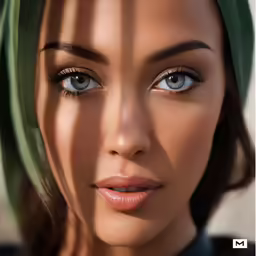 a woman with bright makeup on and green hair
