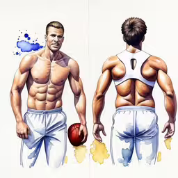 this is an image of two images with a male body,a drawing of a man with his shirt off standing in front of another man with no shirt on,two images showing the back and shoulders of a man and woman,a painting of a man with one arm open and the other without,two men are standing back to back and holding a ball