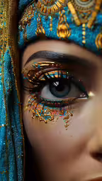 a person wearing blue and gold painted face makeup,the face of a woman in a blue and gold colored outfit