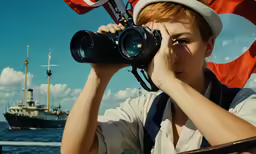 a woman looking through binoculars with a boat in the background