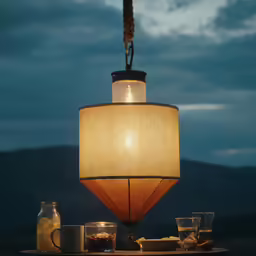 a brown lamp with two jars underneath it and lights