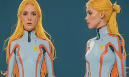 a woman with long yellow hair has a blue and orange suit