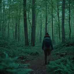 a person standing in the middle of a forest with green trees and green grass