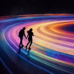 two people hold hands as the vortex of colors in the background