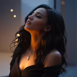 the woman has her arms around her chest and looks upward