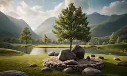 a rock and tree on an island in a grassy field