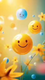 a painting of some smiley face bubbles and flowers
