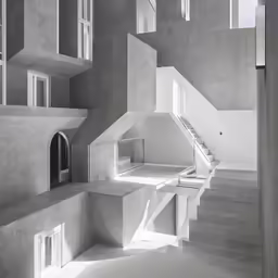 a black and white image of stairs leading into an open air building