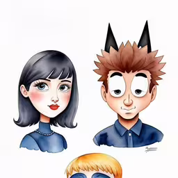 three people wearing horns on their heads with the same expression,a man, a woman, and a demon cartoon portrait in different shapes,three people with hair on each of their heads,some very cute drawings of a couple,three cartoon heads with horns are seen in this photo