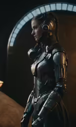 a woman in armor with a clock in the background