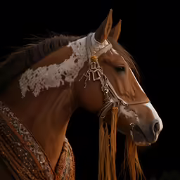 a saddled horse is standing in a black background