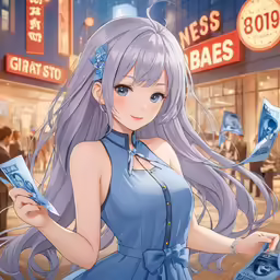 anime style woman with long grey hair holding many bills