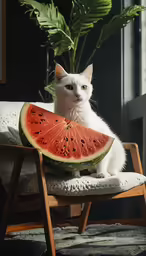 a cat sitting on a chair next to a piece of watermelon
