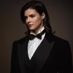 woman in a tuxedo posing for an ad