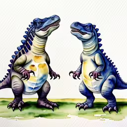 two dinosaurs are standing next to each other