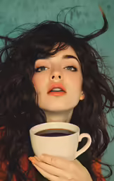 a beautiful young lady holding a cup of coffee