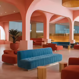 a room with large pink walls and colorful seating