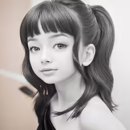 a young asian girl in a black dress looking at the camera