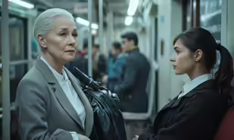 two women standing on a train side by side
