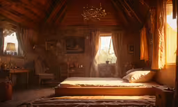 a room with some lighting in it and some pictures on the wall,a bedroom area with a bed, dresser, and window