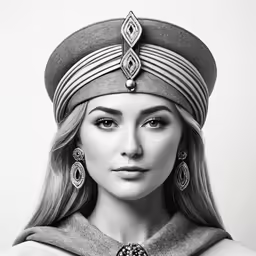 the model is wearing a headdress and earrings