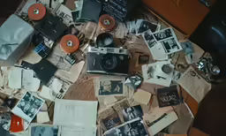 an old fashion camera surrounded by photos