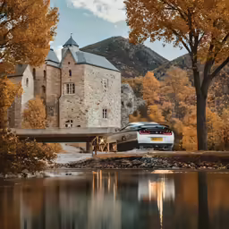 a car parked on the ground next to trees