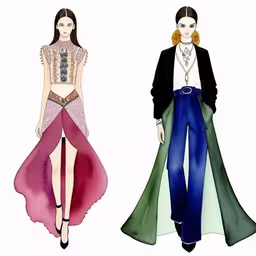 two models on different runways wearing long skirts and a white top