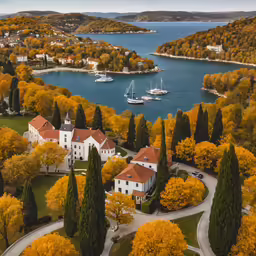 an aerial view of a lake and trees