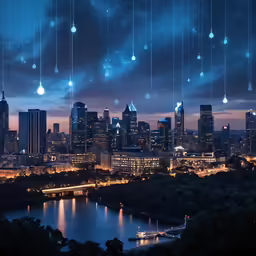 a city skyline with some hanging bubbles above it