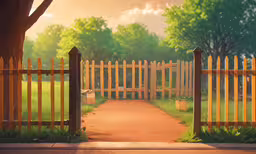a pathway is between a wood and stone fence,a wooden gate leading to a garden with a brick walkway
