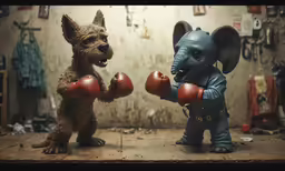 two toy animals are fighting on the floor